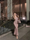 Vevesc  Evening Dress Women French Style Swinging Collar Shiny Sequin Folds Waist Slim Fishtail Long Dresses Temperament Summer