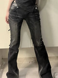 Vevesc American Street Low-waisted Flare Pants Black Gray Gradient Denim Trousers Y2k Vintage Washed Straight Wide Leg