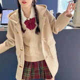 Vevesc Harajuku Autumn Winter Tweed Jacket Women Japanese Y2k Kawaii Hooded Wool Blends Preppy Style Coat Vintage Aesthetic