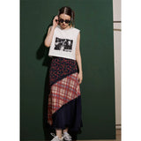 Vevesc Y2K Flower Print Midi Skirts Women Vintage Plaid Patchwork A Line Skirt Streetwear Harajuku High Waist Floral Casual Skirts New