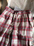 Vevesc  Plaid Drawstring Straight Pants Autumn Cotton Elastic High Waist Loose Pant Female Streetwear Vintage Trousers Bottoms