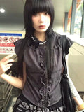 Vevesc Korean Fashion Y2k Flying Sleeve Women Ruffled Blouse Vintage Single Breasted Slim Grunge Shirt Harajuku Crop Streetwear Blusas