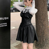 Vevesc 2024 Spring New Streetwear Sexy Slim Leather Sling Dress Women + Letter Print Pleated Casual Long Sleeve T-Shirt Two-Piece Suit