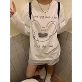 Vevesc Sweet Kawaii Cartoon Print Long Sleeve Camisetas Lace Patchwork O Neck Preppy Style Tees Women Y2k White Tshirts Vintage