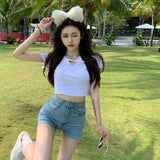 Vevesc Y2K Hollow Out T Shirt Women Sweet Cute Bow Love Crop Top Summer Korean Harajuku Fashion Heart Ruffles Slim Casual Tops