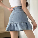 Vevesc  Vintage Ruffles Denim Mini Skirt Women Y2K 2000S High Waist Jeans Hip Wrap Skirts Streetwear Korean Cute Slim A Line Skirt