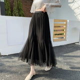 Vevesc  Spring Summer Women Skirts Solid Ruffles Mesh Korean Fashion Sweet Faldas Mujer A-line High Waist Chic Long Skirt