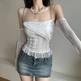 Vevesc Fashion Sexy Off Shoulder Long Sleeve T-shirts 2024 Summer New Camisole Tops Women Y2k Slim Fit Lace Patchwork Blusas Mujer