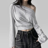 Vevesc Vintage Simple Crop Tshirts Y2k Aesthetic Striped Slash Neck Grunge T-shirt Harajuku Autumn Casual Loose Tops Streetwear