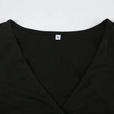 Vevesc  Black Slim V-Neck Low-Cut Long Sleeve Dresses Sexy Basic Women 2024s New Clothes Tierred Ruched Short Vestido