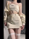 Vevesc Fashion Simple Long Sleeve Zipper Cardigan Sexy Slim Fit Crop Top Vest Y2k High Waist Skirts 2024 Summer New Three Piece Sets