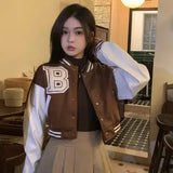 Vevesc Bomber Jackets American Retro Short Length Y2k Women Preppy Style Outerwear Long Sleeve Letter Contrast Color Coats O Neck