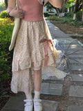 Vevesc Irregular Bow High Waist Sweet Y2k Women Summer Ruched A-Line Skirt Loose Drawstring Mori Girl Style Korean Floral Print Skirts