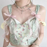 Vevesc Bow Y2k Aesthetic Sweet Printing Women Crop Top Streetwear Grunge Slim Tanks Tops Vintage Patchwork Harajuku Camisoles Summer