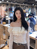 Vevesc Korean Chic Streetwear Slash Neck Tshirts Long Sleeve Y2k Aesthetic Fashion Women T-shirt Off Shoulder Fairy Lace Crop Top Femme