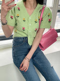 Vevesc V-neck Contrast Color Cardigan Floral Embroidery Loose Short Puff Sleeve Sweater Crop Top Korean Fashion Womens Clothing