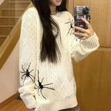 Vevesc Spider Print O-Neck Long Sleeve Knitted Vintage Sweaters Women American Oversize Sueter Mujer Hiphop Grunge Pullovers Y2k