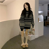 Vevesc Autumn Oversized Striped Knitted Sweater Women Vintage Streetwear Loose Long Sleeve Pullover Harajuku Casual O Neck Midi Jumper