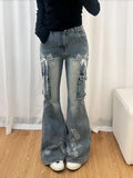 Vevesc Y2K Flare Low Rise Jeans Pants For Woman Cargo Baggy Trousers Aesthetic Streetwear Pockets Hippie Denim Bell Bottom CasualOutfit