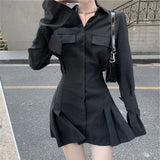 Vevesc Flare Sleeve Elegant Black Shirts Sexy Slim Waist Folds Skirts Women Chemises Femme Korean Dresses Camisas Y2k High Street