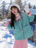 Vevesc Two Piece Sets Cute Skirt Set Stand Collar Bow Thick Korean Style Coats Pink Straight A-line Mid-calf Skirts
