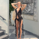 Vevesc Sheer Mesh Spaghetti Strap Camisole Top White Ruffle Fringe Halter Tops Coquette Y2k Fairy Core Clothes 2024 Fashion