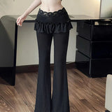 Vevesc  Lace Patchwork A-line Skirt Flared Pants Black Sweet Casual Basic Bootcut Pants Y2K Aesthetic Jogging Trousers Women