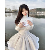 Vevesc Korean Style Kawaii New 3 Piece Set Women Retro Patchwork Vintage Dress Suit Female Short Coat + Off Shoulder Dress + Solid Tops