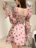 Vevesc Autumn Vintage Sweet Dress Women Chiffon Floral Bodycon Mini Dress Female korean Party Beach Long Sleeve Casual Dresses