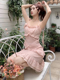 Vevesc Sleeveless Dresses Women Simple Solid Ruffles Holiday Special All-match Sweet Charming Young Delicate Korean Style Adorable New