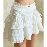 Vevesc Fairycore Ruffle Women Mini Skirt White Lace Sweet Kawaii Short Skirts Coquette Layered Pleated Korean Fashion Skirt