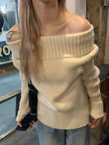 Vevesc Vintage Off Shoulder Sweater Women Solid Elegant Sexy Knitwear Long Sleeve Jumper Slash Neck Causal Harajuku Pullovers