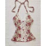 Vevesc  French Elegant Tanks Bow Halter V Neck Sleeveless Lace Flower Print Crop Top Summer New Sexy Y2k Female Slim Women Clothing 2025