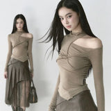 Vevesc Chic Design Asymmetical O Neck Hollow Out Tops Front Cross Draped Office Lady French Shirts Y2k Harajuku American Punk Clothes