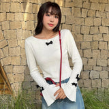 Vevesc Y2k Aesthetic Solid Slim Women Sweet T-shirt Vintage Flare Sleeve Streetwear Grunge Tshirts Harajuku Autumn Bow Tees Femme