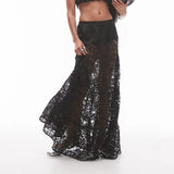 Vevesc Y2k Vintage Floral See-Through Maxi Skirts Aesthetic Clothes Lace Sheer A-Line Skirt Women High Street Beach Vacation Cover-ups
