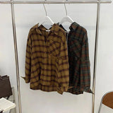 Vevesc Vintage Plaid Shirt Women Harajuku Retro Long Sleeve Oversized Blouse Korean Streetwear Turn Down Collar Loose Casual Tops