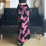 Vevesc American Retro Butterfly Print Skirts Y2k See Through Mesh Skirt For Women 2024 Summer New Slim Fit Bodycon Faldas Mujer