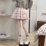 Vevesc New Japan Office Lady Pink High Street A-line Skirts  Y2k Aesthetic Spliced Ruffle Harajuku Girl Clothes Preppy Style Cute Skirt