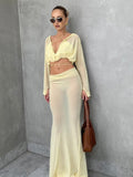 Vevesc  Fashion Ruched 2 Piece Set Women Lace-Up Halter Full Sleeve Crop Tops+Sexy See Through Skirts Street Elegant Outfits
