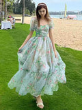 Vevesc French Vintage Floral Midi Dress Women Organza Elegant Casual Party Fairy Dress Casual Holiday Princess Dress Women Spring
