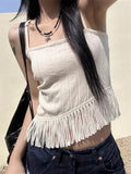 Vevesc Korean Sexy Backless Lace Up Camisole Tops Y2k E-Girl Slim Fit Tassel Tank Top 2024 Summer New Straight Black Vest for Women