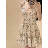 Vevesc Summer New Floral Pleated Slip Dress Off Shoulder Sleeveless Lacing Loose Printing Sweet Mini Dress Sexy Fashion Women Clothing
