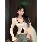 Vevesc Sexy Patchwork Lace Halter Fake Two Piece Korean Moda Popular Spliced Warm O Neck Long Streetwear Tops Punk Korean Girl Clothes