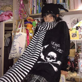 Vevesc Black Gothic Skulls Sweater Grunge Dark Aesthetics Knitted Jumper V-neck Harajuku Loose Mohair Pullover Emo Alt Knitwear Y2k