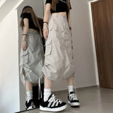 Vevesc Y2K Drawstring Parachute Skirts Women High Street Side Split Cargo Long  Female Casual Multiple Pockets Maxi