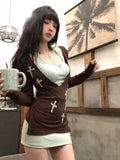 Vevesc American Retro Sweet Halter Slim Waist Vest Dress for Women+ Big V-neck Long Sleeve Tops Early Autumn New Two Piece Sets