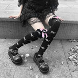 Vevesc Skull Stockings Gloves Set Punk Women Harajuku Dark Gothic Y2K Long Socks Knee Lolita Girls High Socks Cosplay Accessories