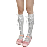 Vevesc Ballet Elegant Style Sock Ribbon Bows Tie Stocking Hollows Lacy Bows Tie Fishnet Long Knee Length Sock for Womens Girl