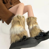 Vevesc Vintage Imitation Faux Fur Leg Warmers Retro Modern Y2k Brown Winter Warm Boots Cover Socks Punk Jk Knee-length Party Sock